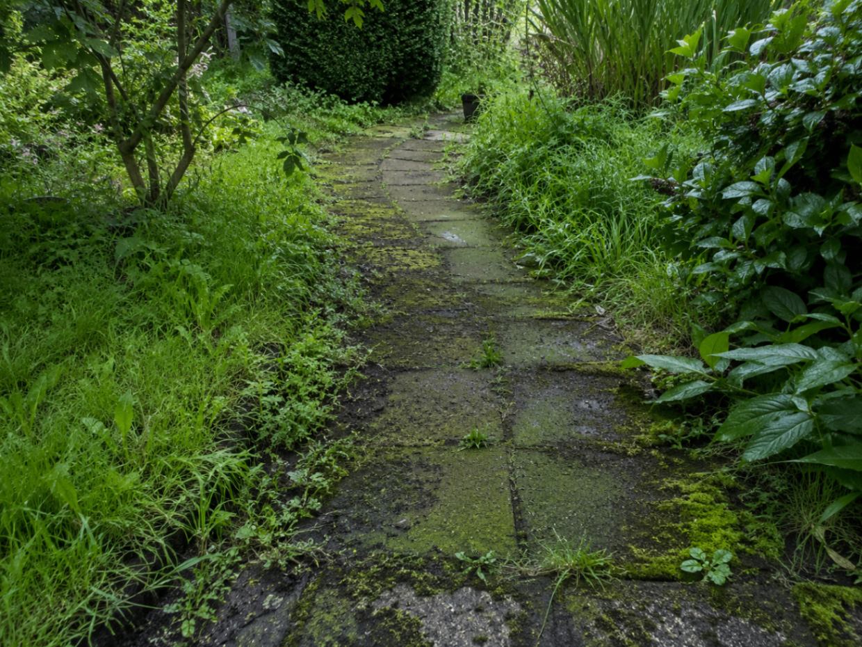 Vervuild tuinpad vol mos voor reiniging